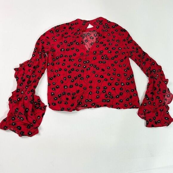 Express Shirt Womens Small Crew Neck Long Bell Sleeve Floral Red New - Picture 7 of 12